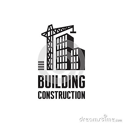 Building construction logo template vector illustration. Crane concept in black & white colors. Real estate sign. Reconstruction. Vector Illustration