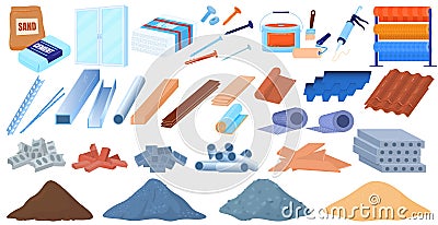 Building construction materials vector illustration set, cartoon flat constructing industry collection of cement sand Vector Illustration