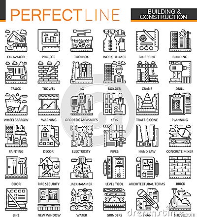 Building and construction outline mini concept symbols. Home repair tools modern stroke linear style illustrations set Vector Illustration