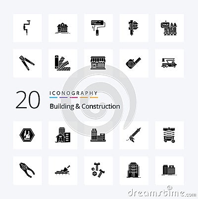 20 Building And Construction Solid Glyph icon Pack like warehouse lift appartment utensils repair Vector Illustration