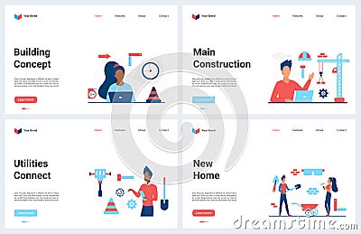 Building construction technology landing page set for city architecture business company Vector Illustration