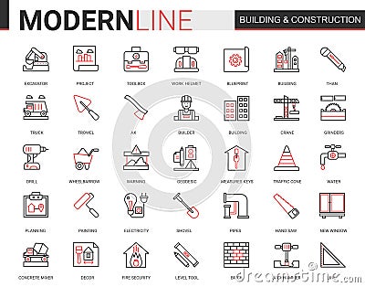 Building construction thin red black line icons vector illustration set with builders tools and crane equipment, city Vector Illustration