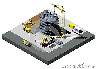 Building Construction vector isometric illustration, includes high detailed vehicles Vector Illustration