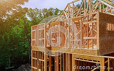 Building construction, wood framing structure at new property development Stock Photo