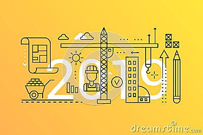 Building and construction 2019 word trendy composition concept banner. Outline stroke architecture planning icons Vector Illustration