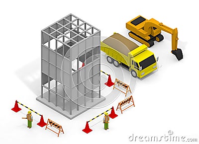 A person who works at a construction site. A truck that carries garbage. Excavator operation. isometric Stock Photo