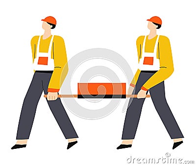 Building or construction works, builders in hardhats carrying bricks on stretcher Vector Illustration