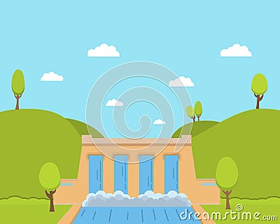 The building of dam on the river.Hydroelectric power station for power production. Vector Illustration
