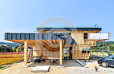 Building energy efficient passive wooden house. Stock Photo