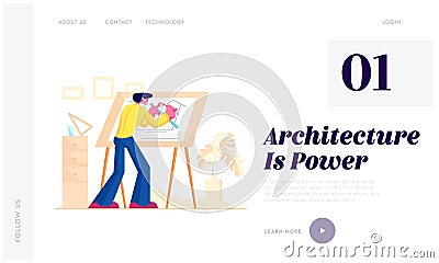 Building Engineering Profession Website Landing Page. Man Architect and Construction Engineer Work on Project Vector Illustration