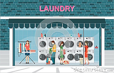 Building exterior front view and interior of laundry room Vector Illustration