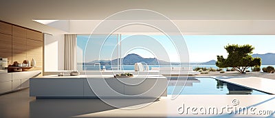 Kitchenroom and ocean view in sunrise or sunset by generate AI. Stock Photo