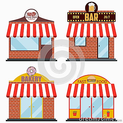 Building facade with signboard set - Steakhouse and Grill Meat Restaurant, Beer Bar, Bakery shop, Fast Food. Vector. Vector Illustration