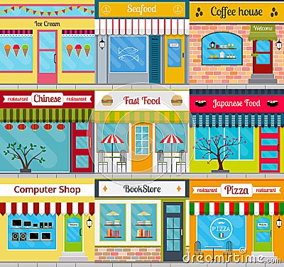 Building facades set. Vector Illustration