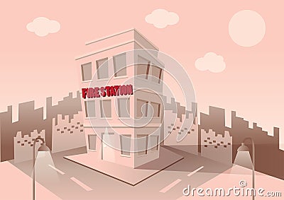 Building of fire station. Set of elements for construction of urban and village landscapes. Vector Vector Illustration