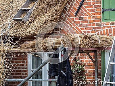 Building a Frisian house reed Stock Photo