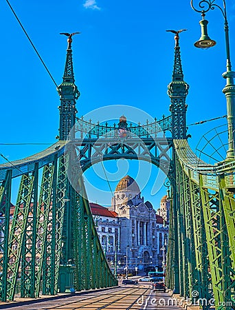 The building of Gellert Spa Hotel in arch of Liberty Bridge, Budapest, Hungary Editorial Stock Photo