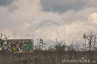 Building with graffiti on a meadow Stock Photo