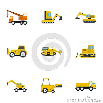 Building heavy vehicle icon set, flat style Vector Illustration