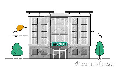 Building home contemporary, exterior house hospital. City clinic architecture with glass exterior. Flat illustration Vector Illustration