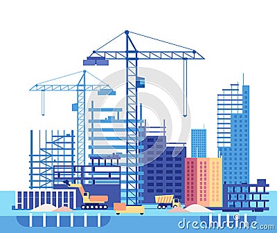 Building house. Work process of buildings construction and machinery. Flat vector concept Vector Illustration