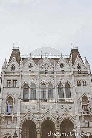 Building of the Hungarian Parliament Orszaghaz in Budapest, Hungary. The seat of the National Assembly. Detail photo of the facade Stock Photo