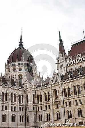 Building of the Hungarian Parliament Orszaghaz in Budapest, Hungary. The seat of the National Assembly. Detail photo of the facade Stock Photo