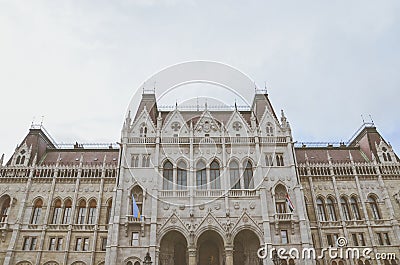 Building of the Hungarian Parliament Orszaghaz in Budapest, Hungary. The seat of the National Assembly. Detail photo of the facade Stock Photo