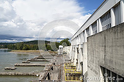 Building of hydroelectric, run-of-river, power plant in Kembs located on Rhine river. Stock Photo