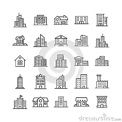 Building icon set in flat style. Town skyscraper apartment vector illustration on white isolated background. City tower business Vector Illustration