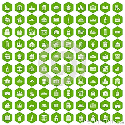 100 building icons hexagon green Vector Illustration