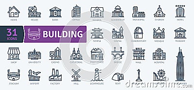 Building Icons Pack. Thin line architecture icons set. Flaticon collection set Vector Illustration