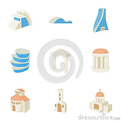 Building icons set, cartoon style Vector Illustration