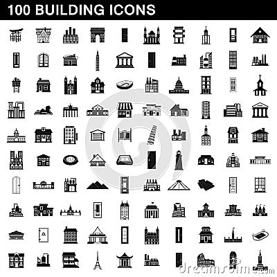 100 building icons set, simple style Vector Illustration