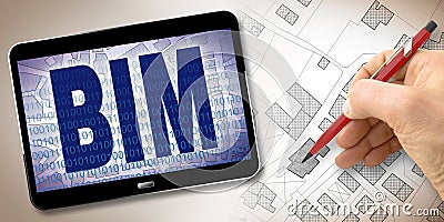 Building Information Modeling BIM, a new way of architecture designing - concept image with a 3D render of a digital tablet and Stock Photo