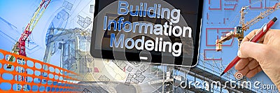 Building Information Modeling, BIM, a new way of architecture designing - concept image with metal scaffolding, tower crane, Stock Photo