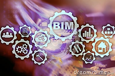 Building Information Modeling. BIM on the virtual screen with a server data center background. Stock Photo