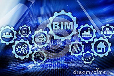 Building Information Modeling. BIM on the virtual screen with a server data center background. Stock Photo