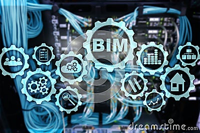 Building Information Modeling. BIM on the virtual screen with a server data center background. Stock Photo