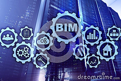 Building Information Modeling. BIM on the virtual screen with a server data center background Stock Photo