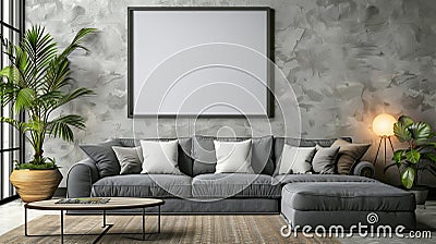 Building interior with grey couch, rectangle coffee table, picture frame on wall Stock Photo