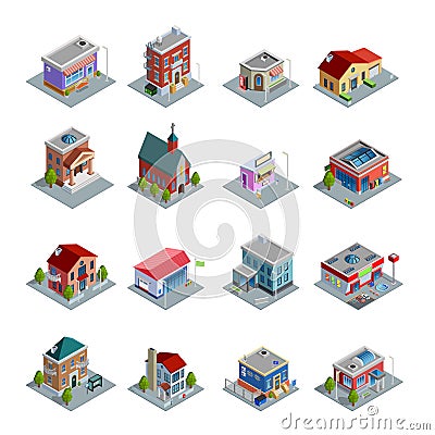 Building Isometric Icons Set Vector Illustration