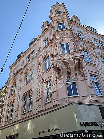 Building in Katowice, Poland with a richly decorated facade Editorial Stock Photo