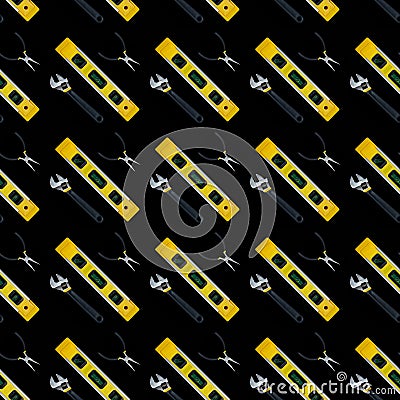 Building level and tools seamless pattern isolated on black background. Collection of industrial seamless patterns Stock Photo