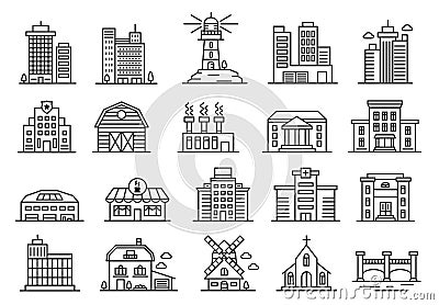 Building line icons, government house, factory, city office buildings. Residential and industrial architecture, urban Vector Illustration