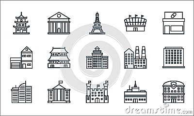 building line icons. linear set. quality vector line set such as police station, castle, building, radio station, white house, Vector Illustration