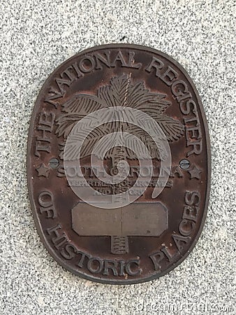 Building Marker designating Property is on the National Register of Historical Places Editorial Stock Photo