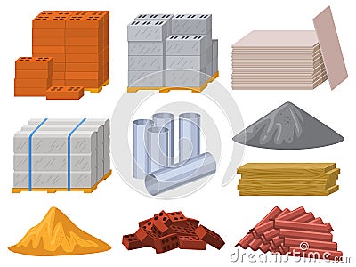 Building materials. Construction industry bricks, cement, wooden planks and metal pipes vector illustration set Vector Illustration