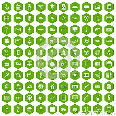 100 building materials icons hexagon green Vector Illustration