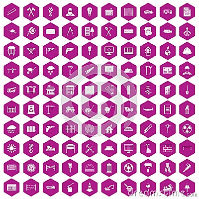 100 building materials icons hexagon violet Vector Illustration